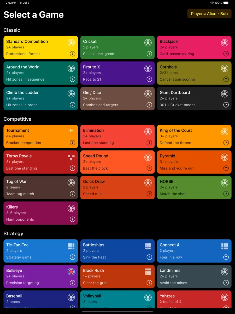 ThrowZone game picker showing colour-coded modes grouped into Classic, Competitive and Strategy, including Cricket, Tournament, King of the Court, Tic-Tac-Toe and Yahtzee.