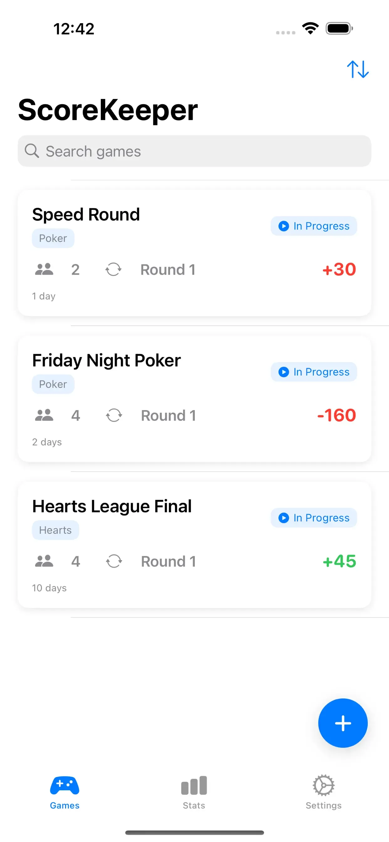 ScoreKeeper games list showing three games in progress: Speed Round poker with two players, Friday Night Poker with four players, and Hearts League Final with four players, each with its round and running score.