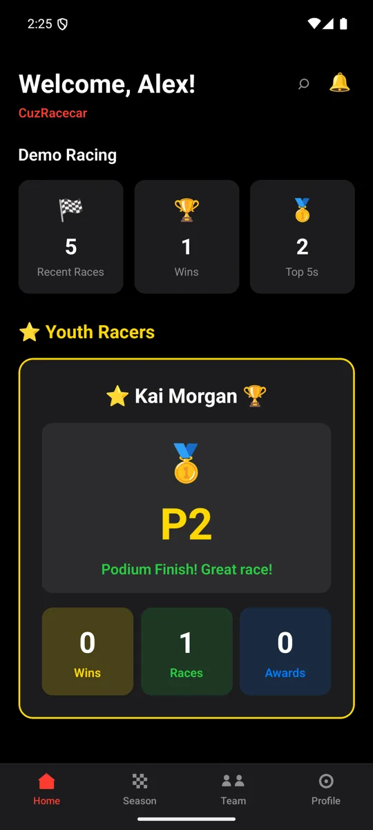 CuzRacecar home screen for Demo Racing showing five recent races, one win and two top-five finishes, with a Youth Racers card for Kai Morgan celebrating a P2 podium finish.