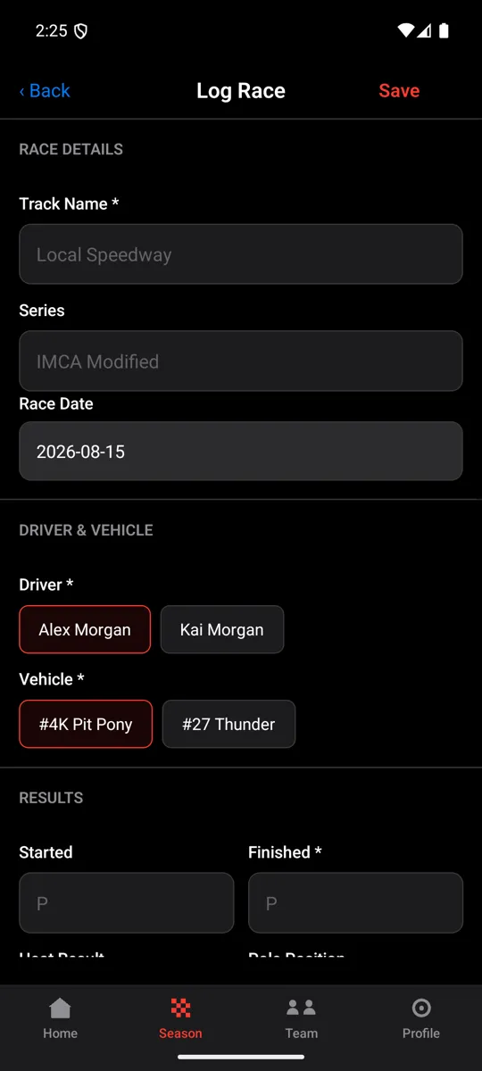 CuzRacecar log race form with the track, series and date filled in, driver Alex Morgan and vehicle #4K Pit Pony picked from the team's chips, and the results section ready for start and finish positions.