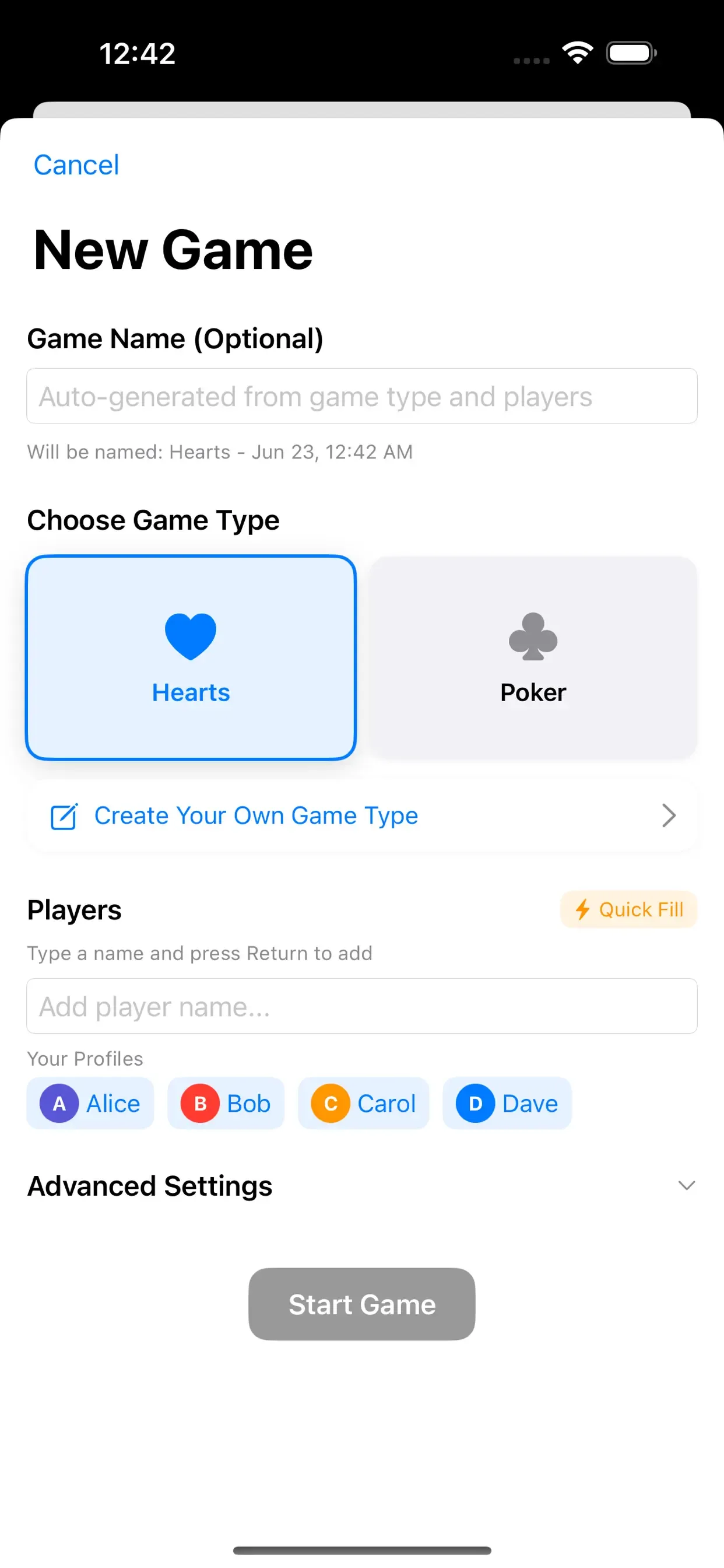 ScoreKeeper new game screen with Hearts and Poker game types, a Create Your Own Game Type option, and saved player profiles for Alice, Bob, Carol and Dave.