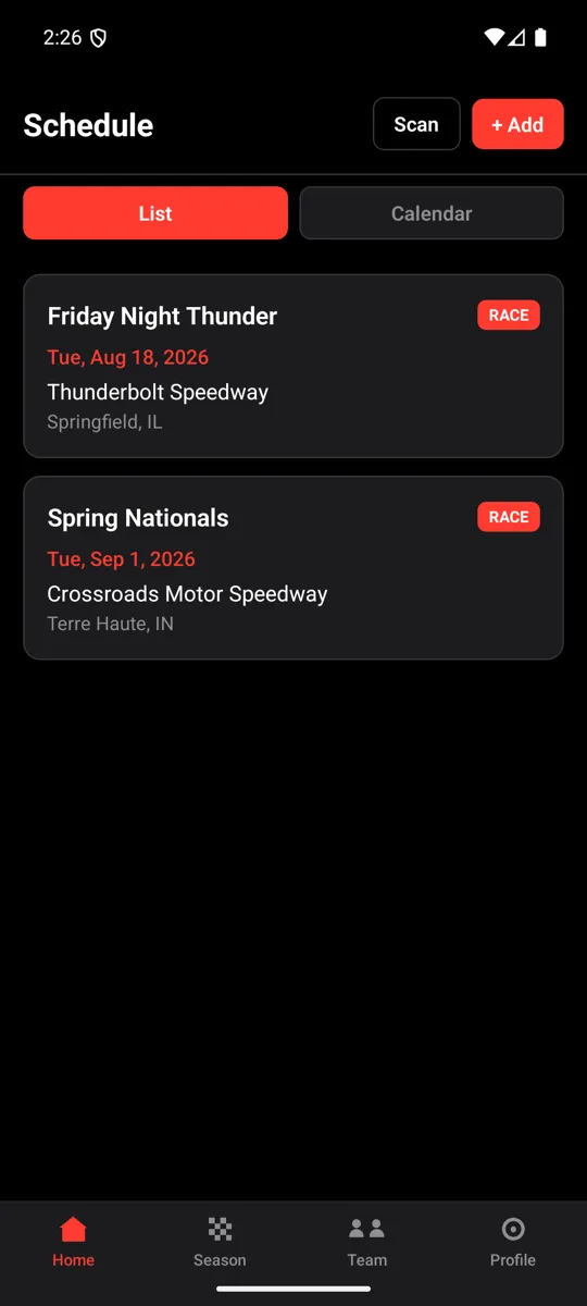 CuzRacecar schedule listing two upcoming races, Friday Night Thunder at Thunderbolt Speedway in Springfield, Illinois and Spring Nationals at Crossroads Motor Speedway in Terre Haute, Indiana.