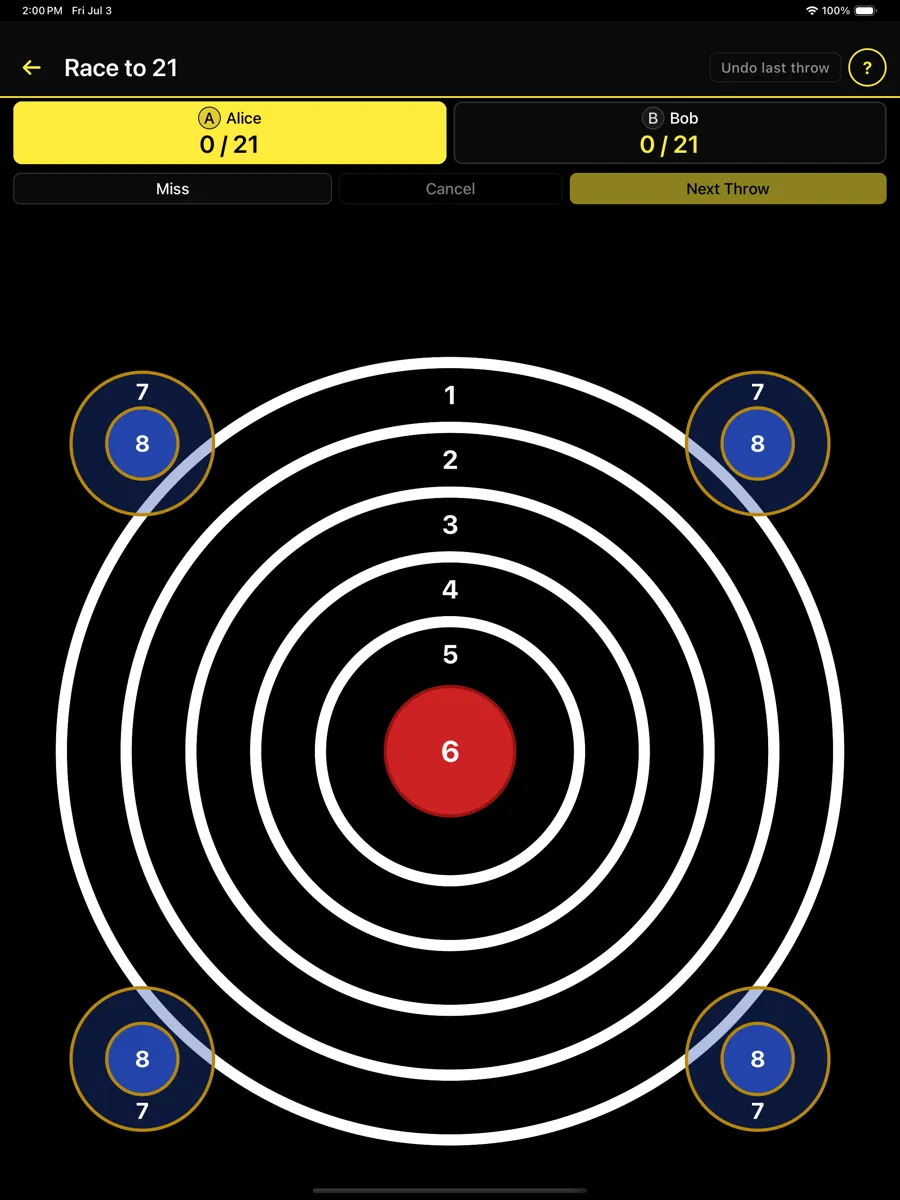 ThrowZone on iPad during a Race to 21 game between two players, showing a high-contrast circular target with scoring rings numbered one to six and four blue clutch targets.